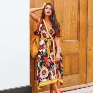 Maeve Botanical Floral Faux Wrap Handkerchief Dress with Yellow Accents